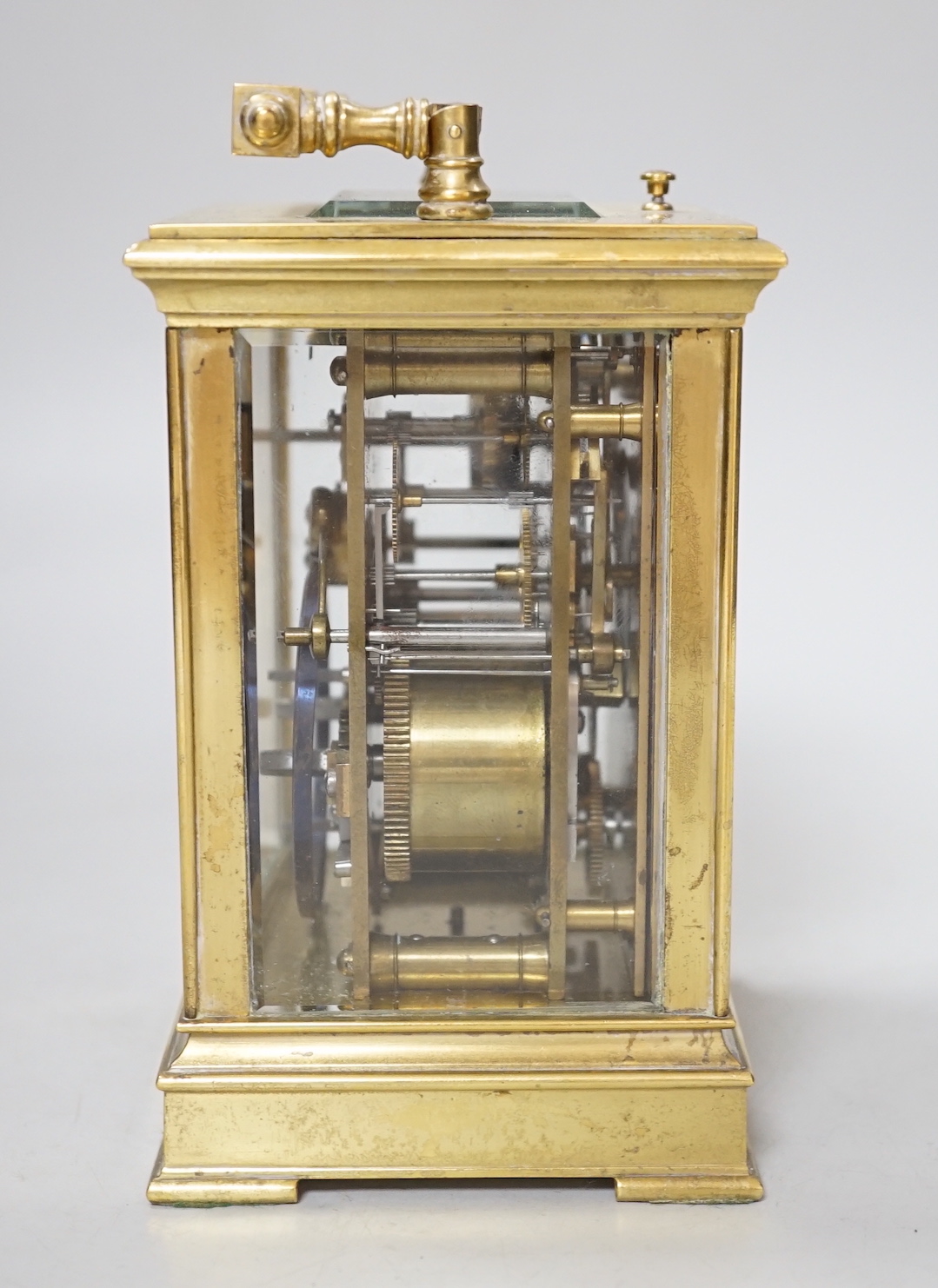 A large French gilt brass repeating carriage clock with alarm and enamel dial, 18cm high